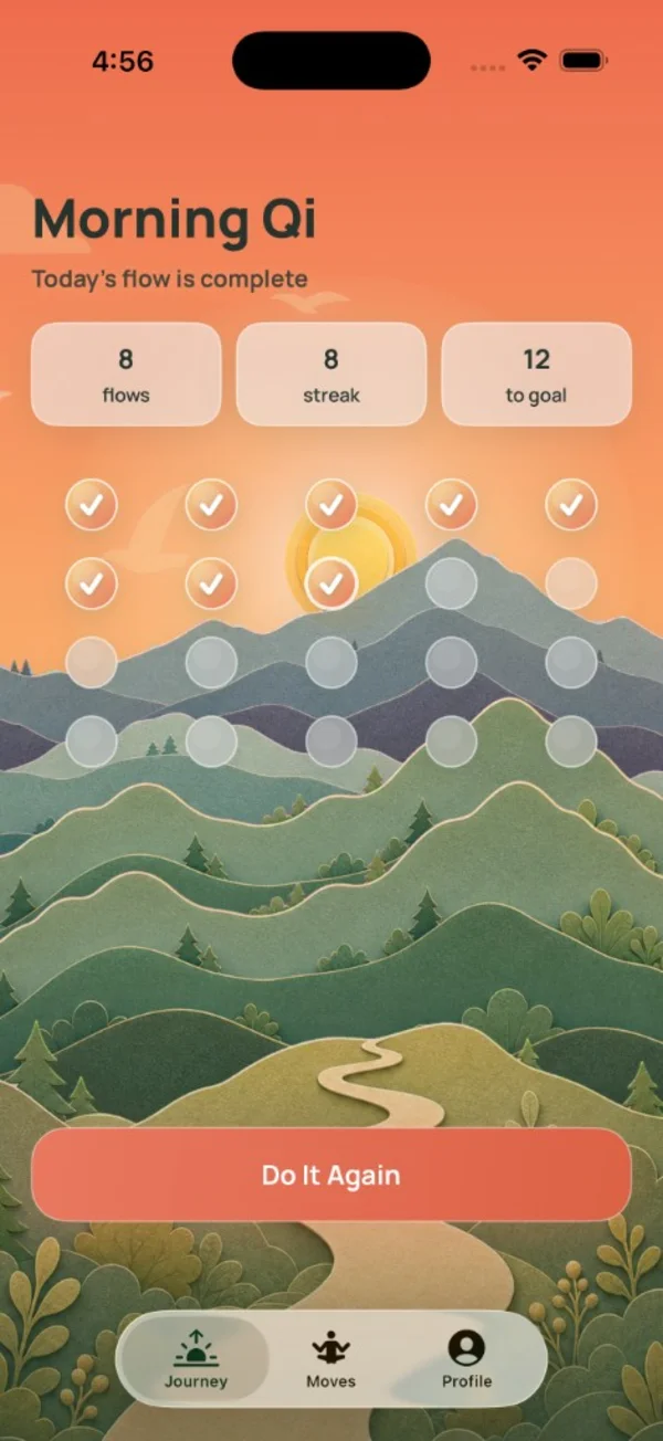 Morning Qi home screen with daily challenge and routine start.