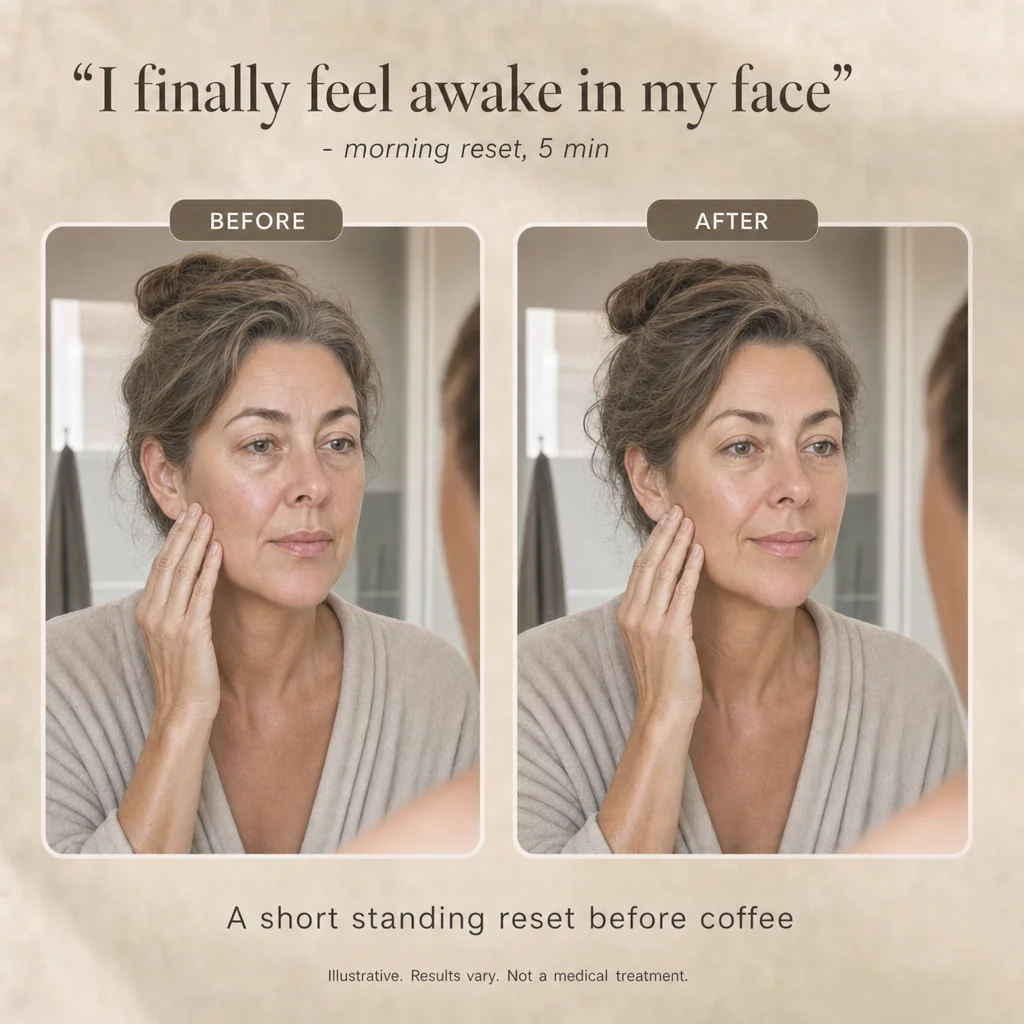 Before and after morning face: fuller, more tired look versus fresher face after a short standing reset, with the quote I finally feel awake in my face.
