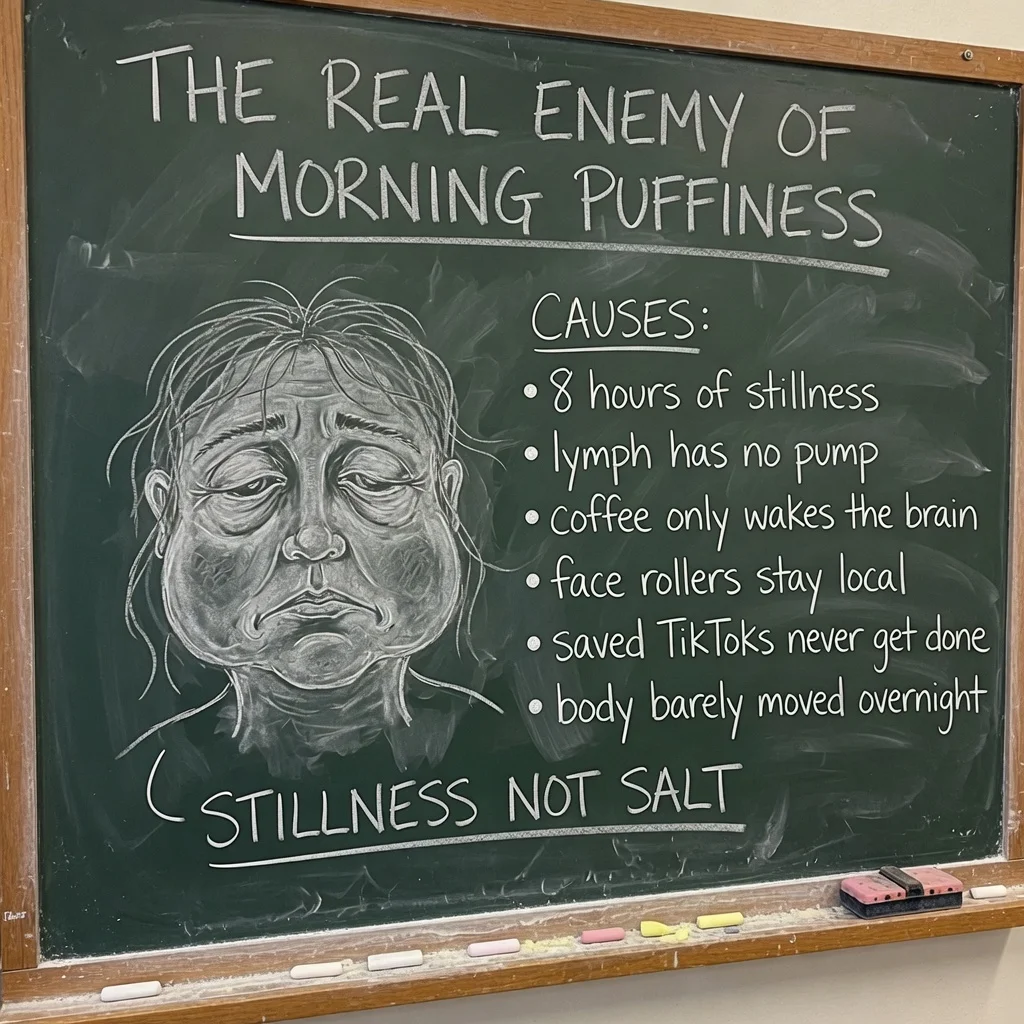 Chalkboard listing causes of morning puffiness: overnight stillness, lymph has no pump, coffee only wakes the brain, face rollers stay local.