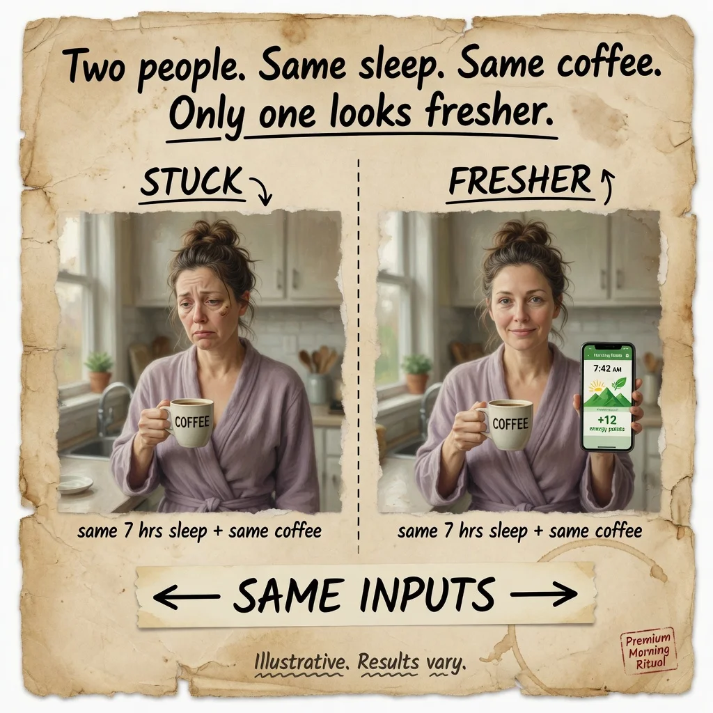 Two people, same sleep and same coffee: one still looks stuck in the morning, one looks fresher after a short standing reset.